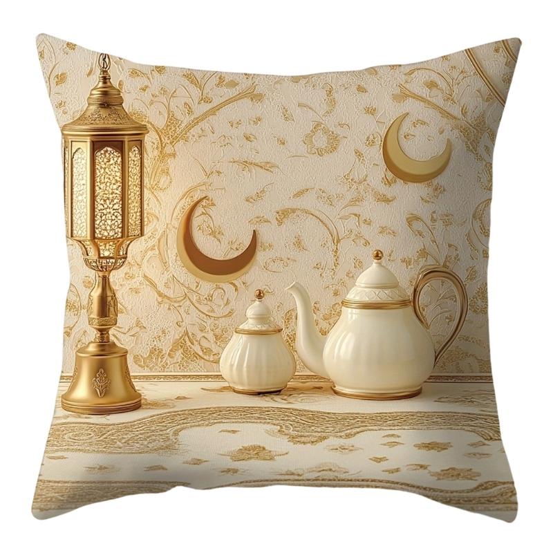 Soft Short Plush Cushion Cover Gold Moon Ethnic Festival Print 45x45cm Standard Size for Home Decoration