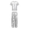Unisex Kids Dance Costume Short Sleeve Round Neck Metallic Shiny T Shirt Performance Pants Set