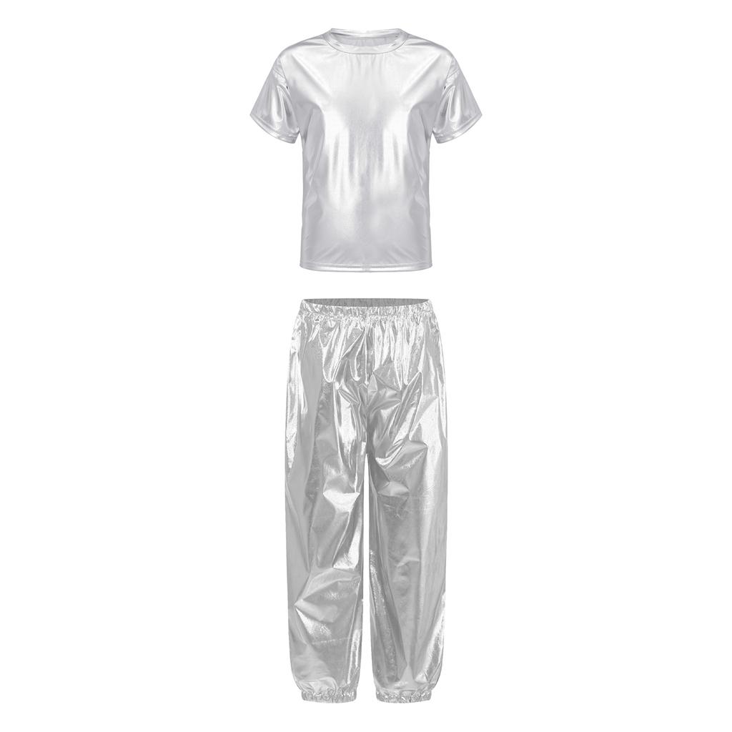 Unisex Kids Dance Costume Short Sleeve Round Neck Metallic Shiny T Shirt Performance Pants Set