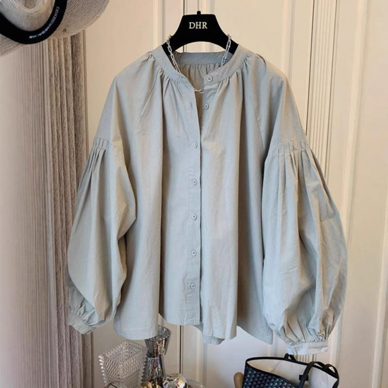 Spring and Autumn new women's clothing retro pleated bubble sleeves loose shirt clothes women's chic shirt