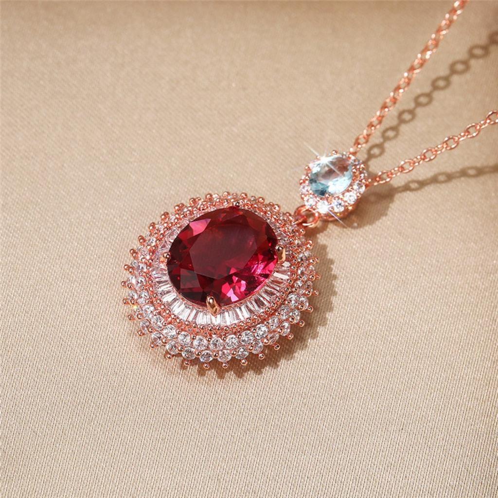 Oval Red Center Stone Pendant Necklace Double Halo Design Sparkling Statement Jewelry for Women