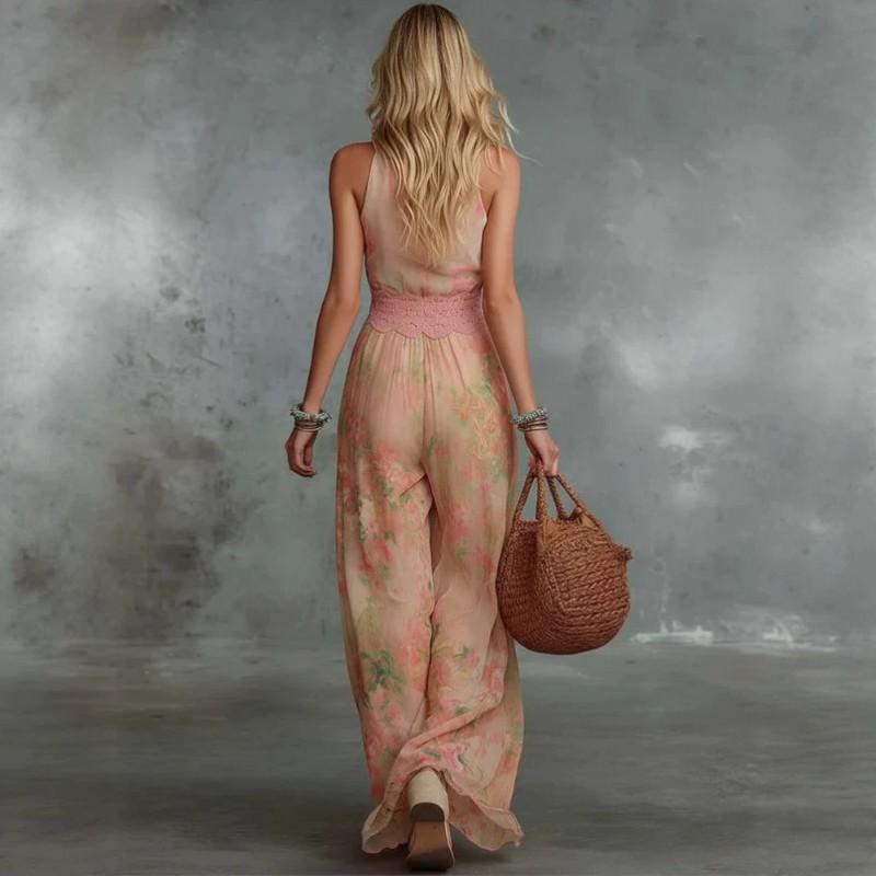 V Neck Oil Painting Floral Print Jumpsuit Womens Loose Fit Long Pants Sleeveless High Waist