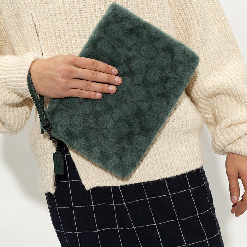 Coach Charter Wool And Glove Tanned Leather Wrist Bag Clutch Large Women's Green CC157-PST