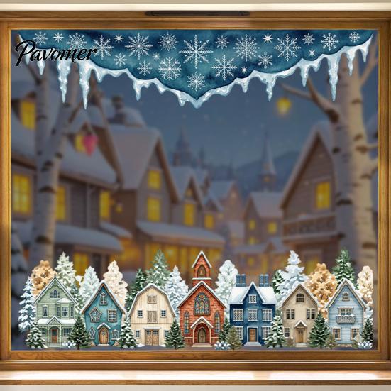 Indoor Festive Atmosphere Decor Christmas Winter Village Static Window Clings, Snowflake Snow House Reusable Film Stickers, Removable Decals for Xmas
