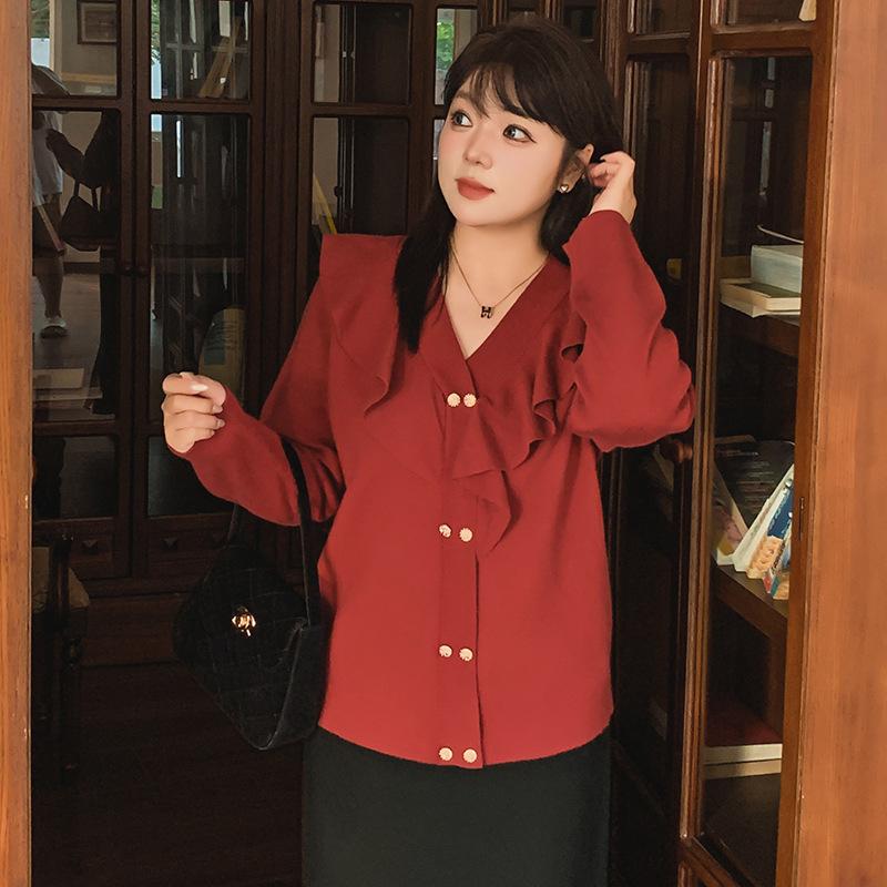 Damen Übergröße V-Ausschnitt Rüschenoberteile Strickwaren Herbst und Winter Temperament Pullover