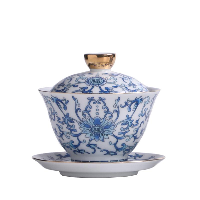 Chinese Handmade Flowers Ceramic Gaiwan White Porcelain Tea Tureen Portable Tea Bowl Master Teacup Household Tea Set 110ml 9.2x9cm 110ml