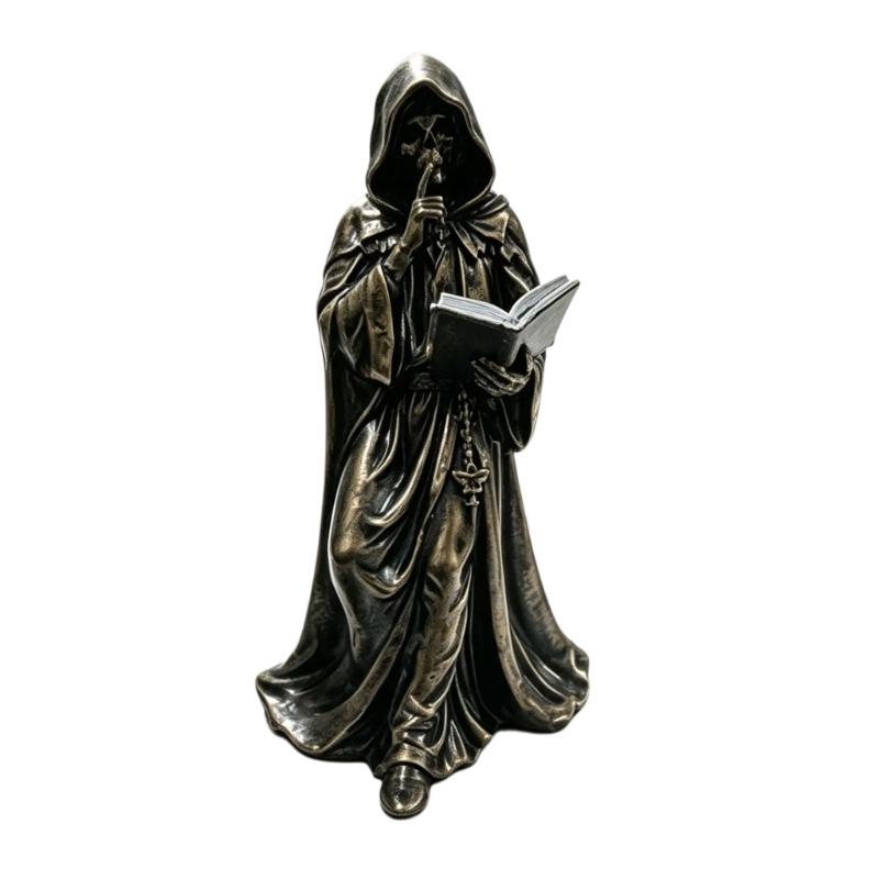 Tabletop Resin Sculpture with Hooded Character, Open Spell Book, and Bronze Style Finish for Shelf Display Use