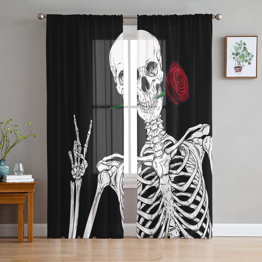 Skull Black Sheer Curtains Window Tulle Curtains For Living Room Bedroom For Kitchen Veiling Curtains Decoration