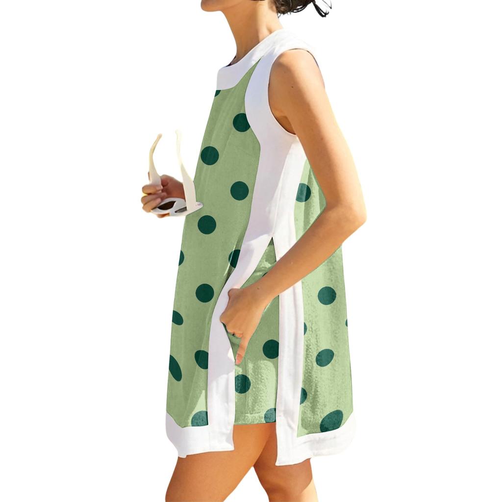Women Sleeveless Long Tunic Top with Polka Dot Print Side Slits Casual Loose Fit Summer Vacation Beachwear