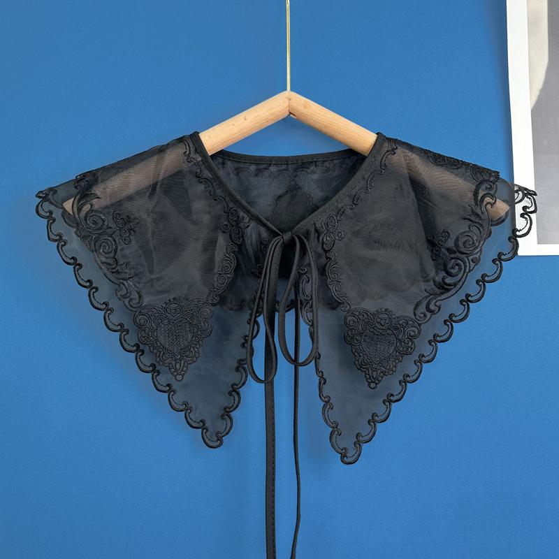 Embroidery Lace Detachable Black Fake Collar See Through Mesh Shawl Bow Tie Ribbon Decoration Collar Floral Scarf Capelet