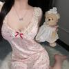 Sexy pajamas women's print suspender nightdress bow lace premium pure desire style new nightdress loungewear