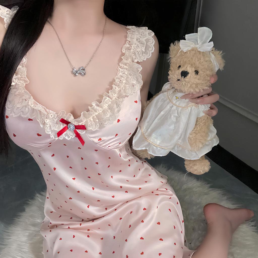 Sexy pajamas women's print suspender nightdress bow lace premium pure desire style new nightdress loungewear