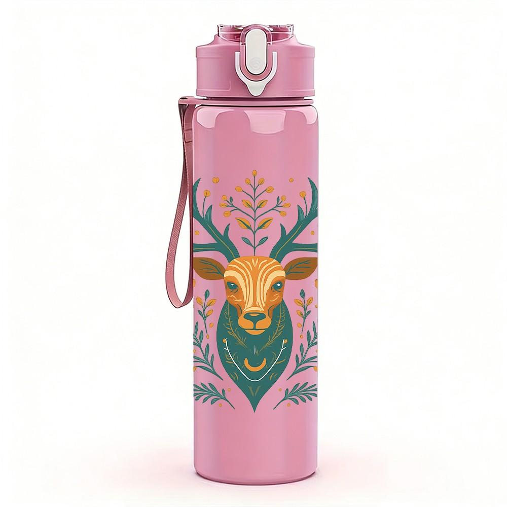 1PC Folk Style Deer Head Art 750ml Color Plastic Sports Water Bottle Leakproof Flip Straw Lid Suitable for Sports Office Home Use