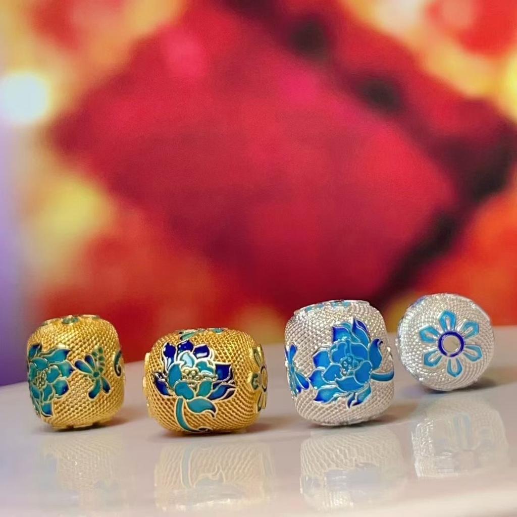 5Pcs, Vintage Cloisonné Lotus Pattern Barrel Beads, Golden/Silvery Plated DIY Jewelry Spacer Findings for Bracelet & Necklace Making 15×13mm