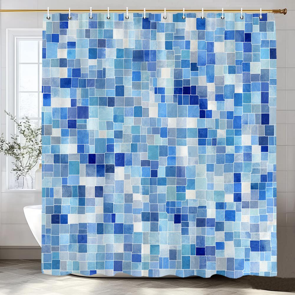 Modern Blue Stripes Printed Polyester Shower Curtain Bathroom Curtain,Hanging Curtain 12 Hooks Decoration Machine Washable