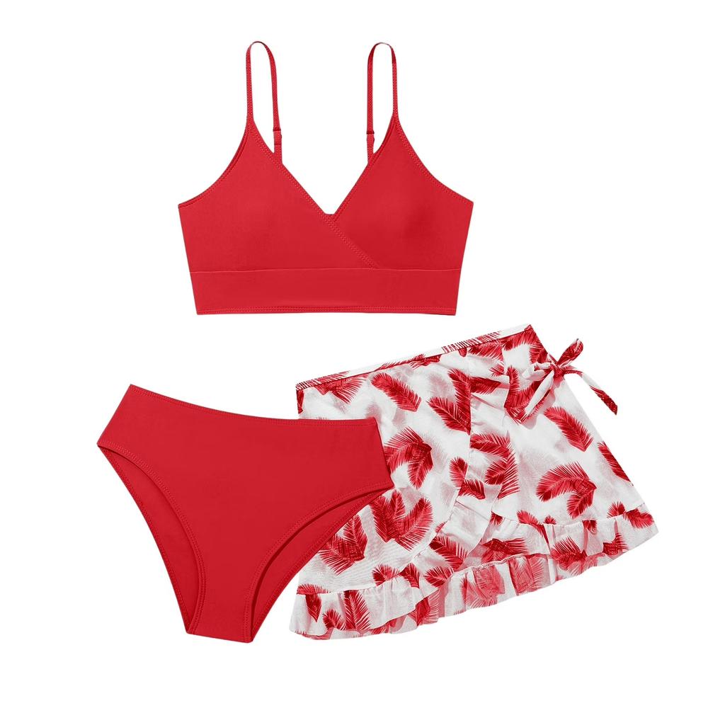 Girls Two Piece Swimsuit Set Adjustable Straps Bikini Top High Waist Bottom with Ruffle Skirt Cover Up Lightweight Swimwear for Kids