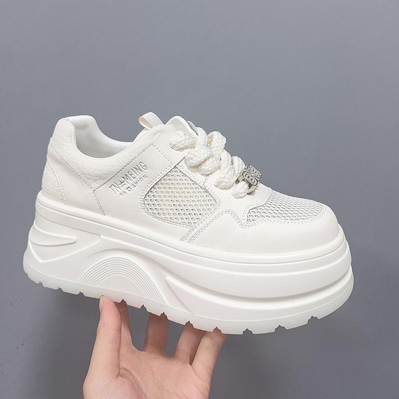 2025 Spring and Autumn New Korean Version of Thick-soled Heightening White Shoes Women's Leather Lace-up Showing Feet Small Casual Versatile Muffin