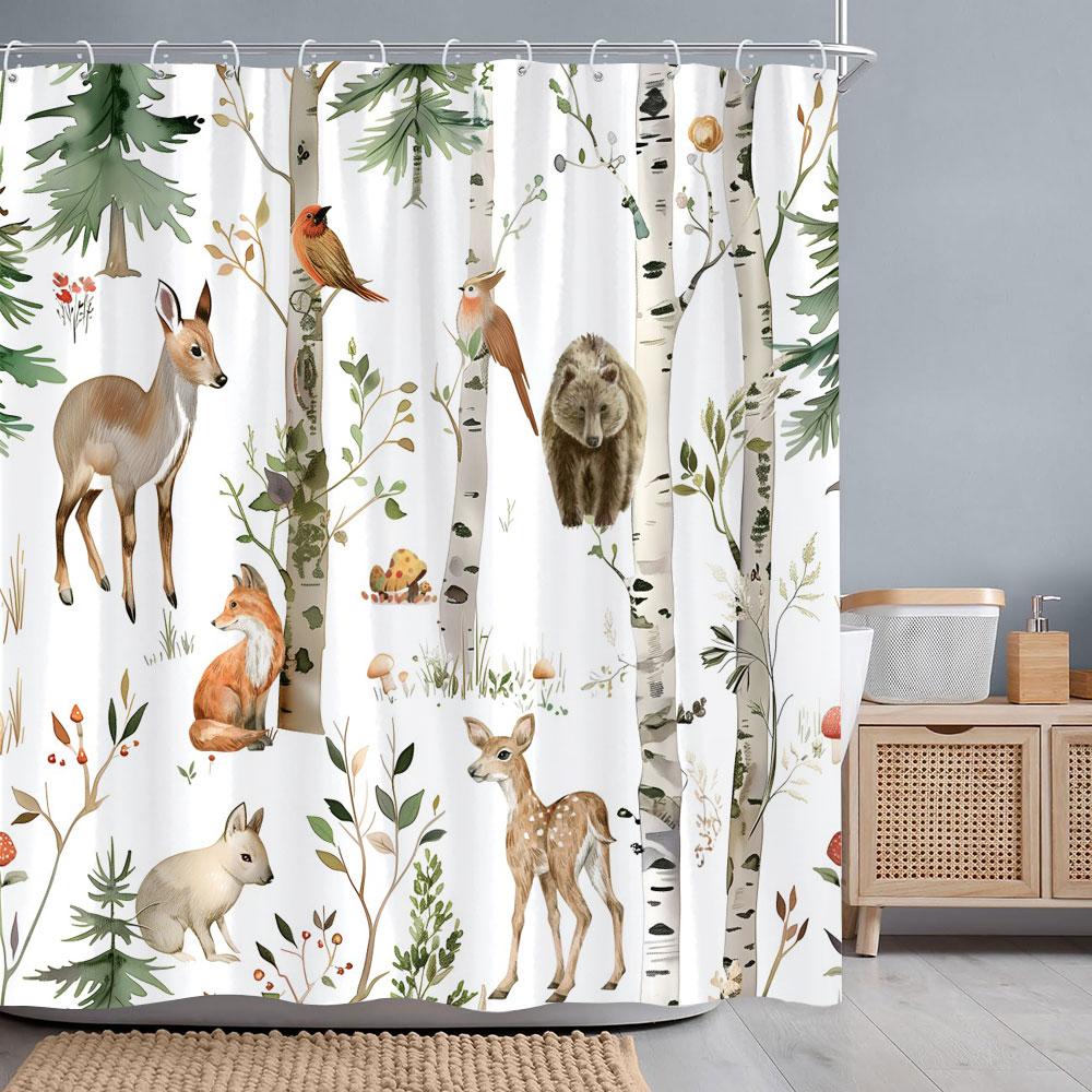 Forest Animals Watercolour Shower Curtain Deer Bear Fox Squirrel Flower Polyester Fabric Bath Curtains Bathroom Decor With Hooks
