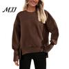 Polyester Women Tops Crew Neck Sweatshirt, Drop Shoulder Long Sleeve Pullover, Loose Soft Sweaters Fit Casual Fall Winter Top with Side Slit Pullovers