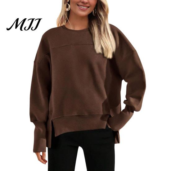 Polyester Women Tops Crew Neck Sweatshirt, Drop Shoulder Long Sleeve Pullover, Loose Soft Sweaters Fit Casual Fall Winter Top with Side Slit Pullovers