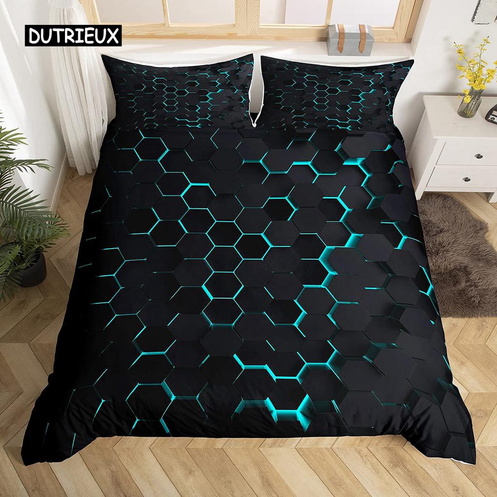 Honeycomb Duvet Cover Set Queen Size Geometry Hexagon Theme with Pink Blue Neon Lights Chic Comforter Cover for Boys Teen Man