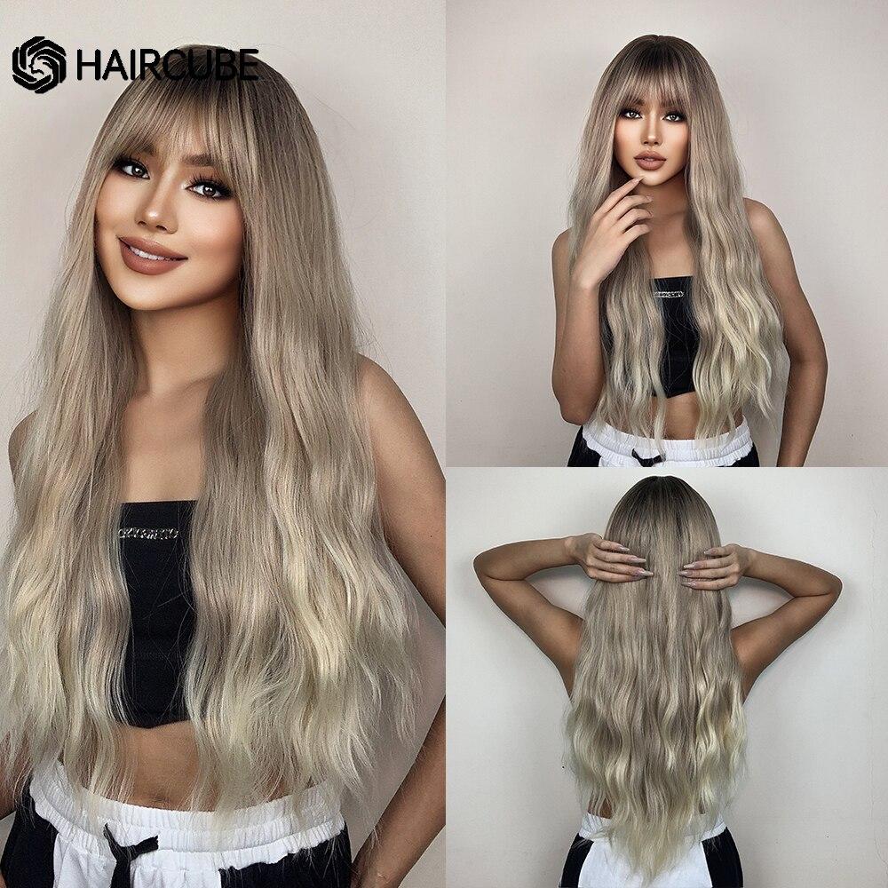 HAIRCUBE Dlouhá vlnitá červenohnědá syntetická paruka s tmavými kořínky Přírodní vlasy s ofinou pro ženy Tepelně odolná denní cosplay paruka