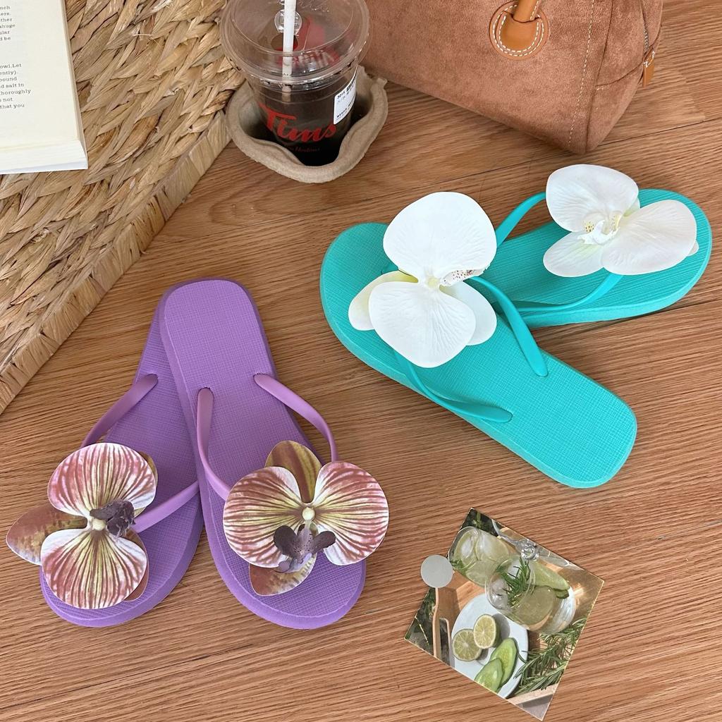 Summer Butterfly Orchid Flip Flops, Women's Sweet Vacation Style, Seaside Beach Sandals, Flip Flops, Flip Flops for Wearing Flat Shoes On The Outside