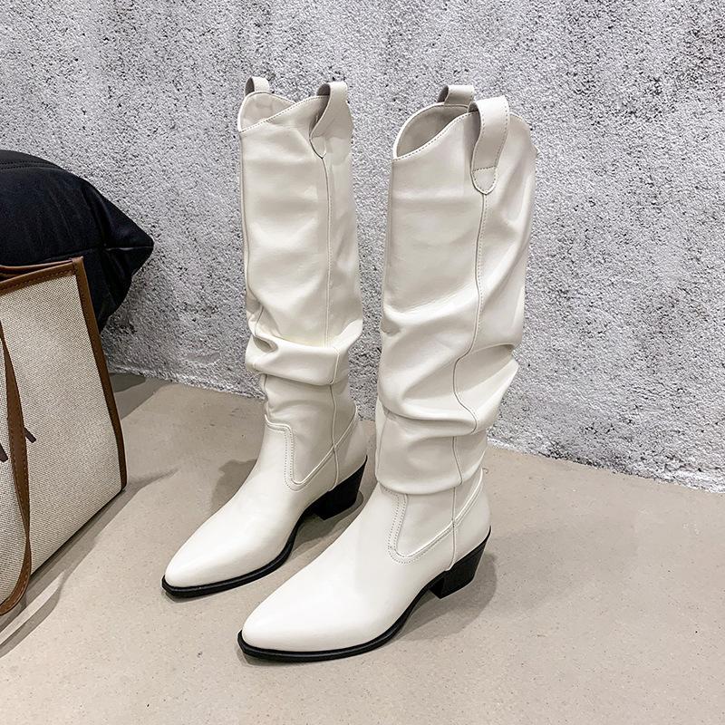 2025 New Knee Knight Boots Pointed Thick Heel Thin Boots British Style Two Wear Matte Leather Pile Boots Women