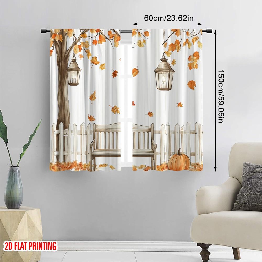 2pcs,2D plane printing Curtains&Window Treatment Autumn Leaves Bench Lanterns Polyester Fabric (without rod) Art Deco Festive