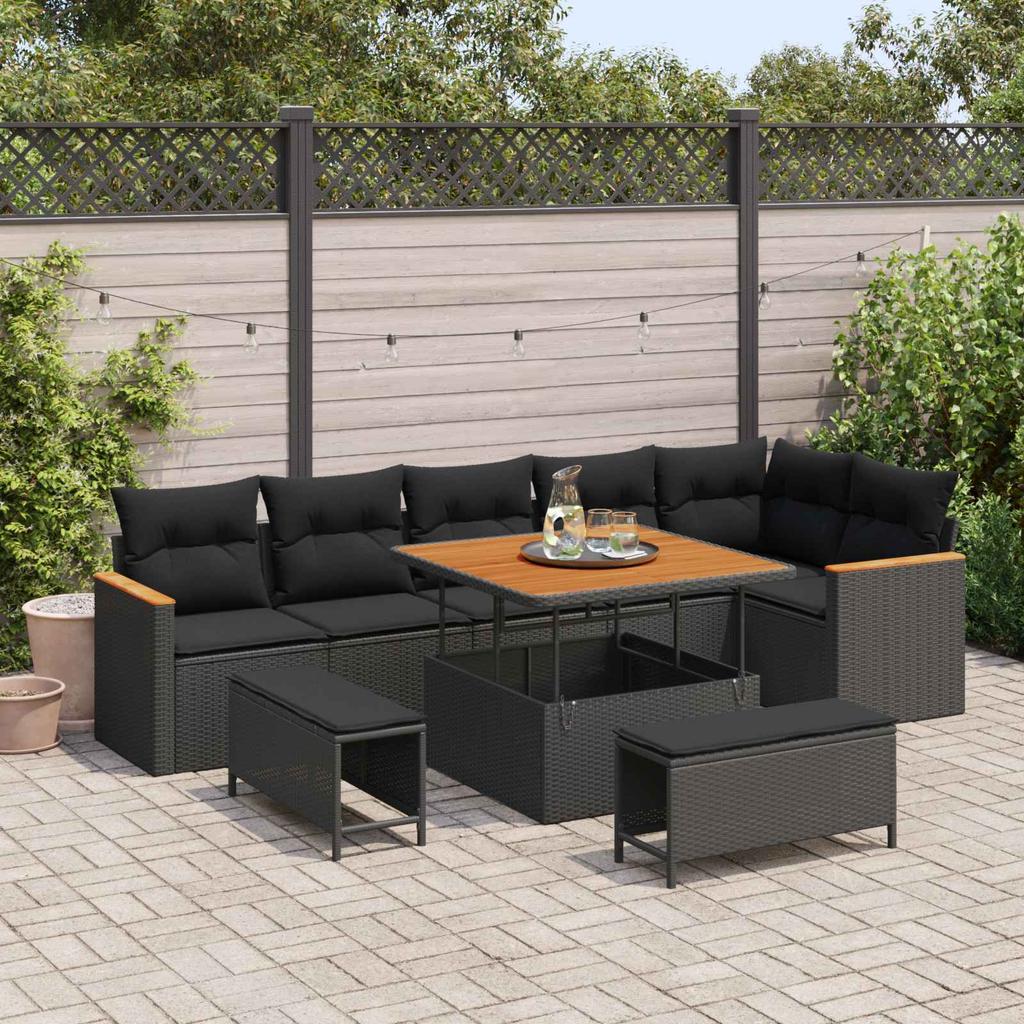 Garden Sofa Set with Cushions 9 pcs Black Poly Rattan