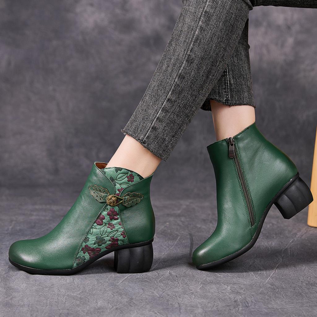 Fashion GKTINOO Genuine Leather Ankle Boots 2025 Winter New Ethnic Printed Women's Boots Soft Soles Thick Heels Mother's Leather Boots