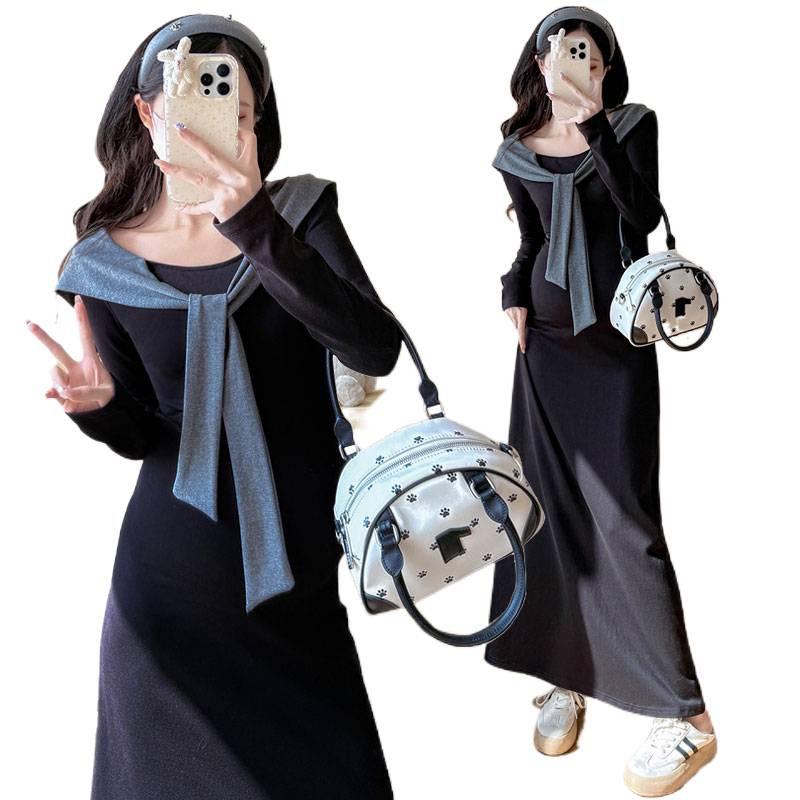Autumn/Winter French Maternity Slim Fit Mid-Length Dress - Soft, Stylish, Comfortable, Stomach-Friendly.