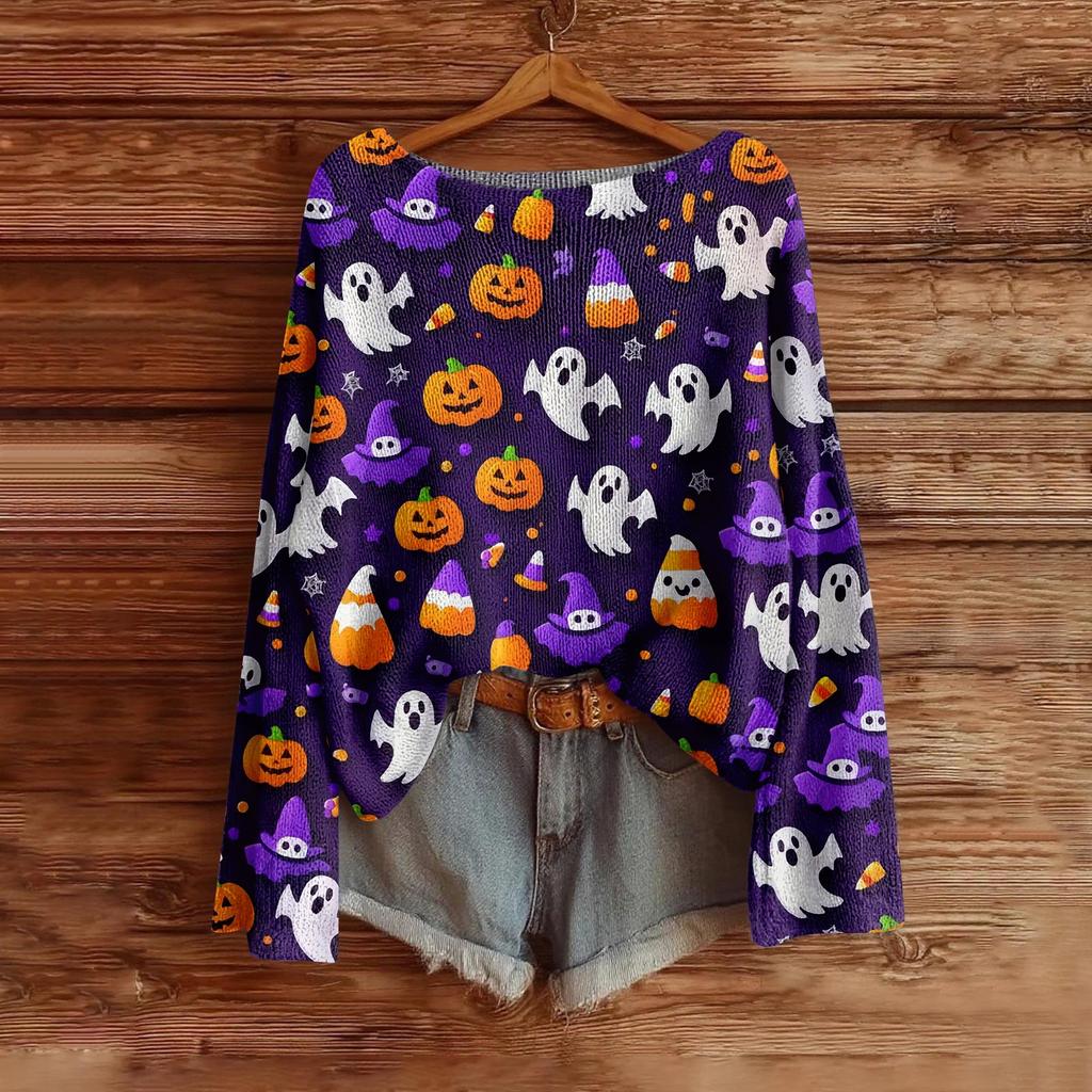 Women's Fashion Long Sleeve Helloween Print Sweater