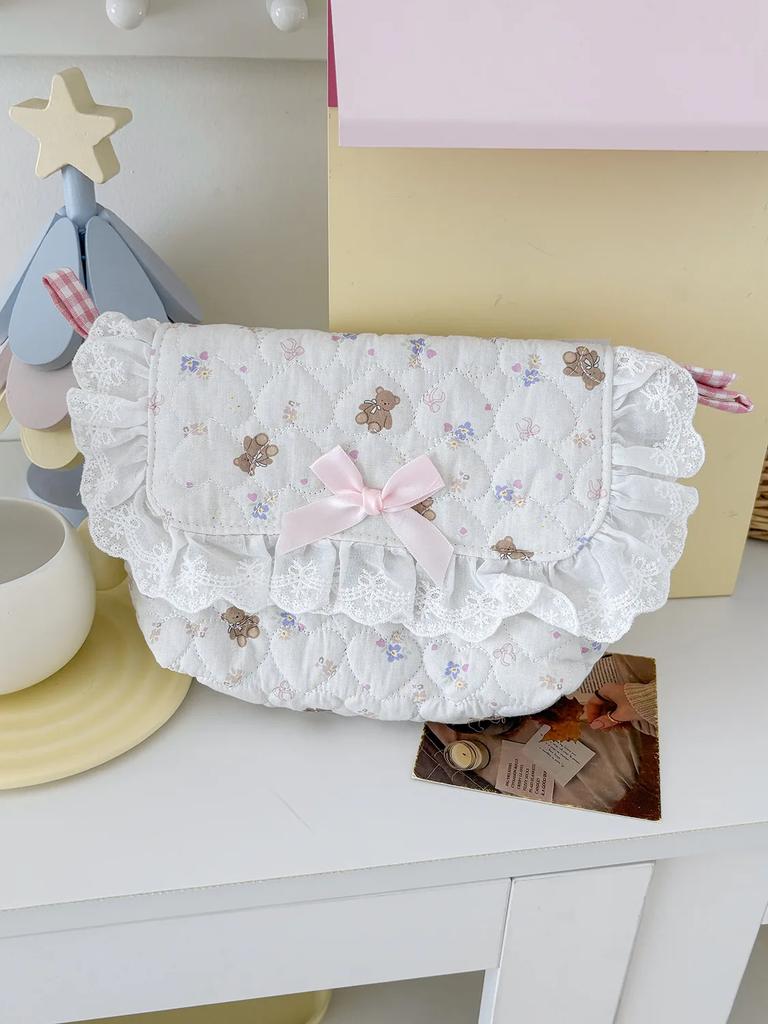 Cute Girls Quilted Cotton Crossbody Bag Outdoor Portable Student Ladies Storage Handbags Bow Lace Plaid Women Shoulder Bags