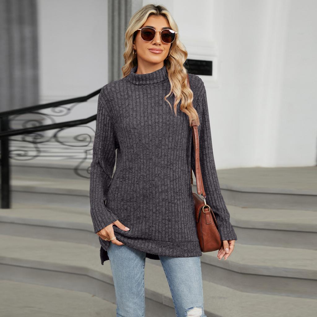 Women S High Neck Loose Long Sleeve Split T Shirt Top