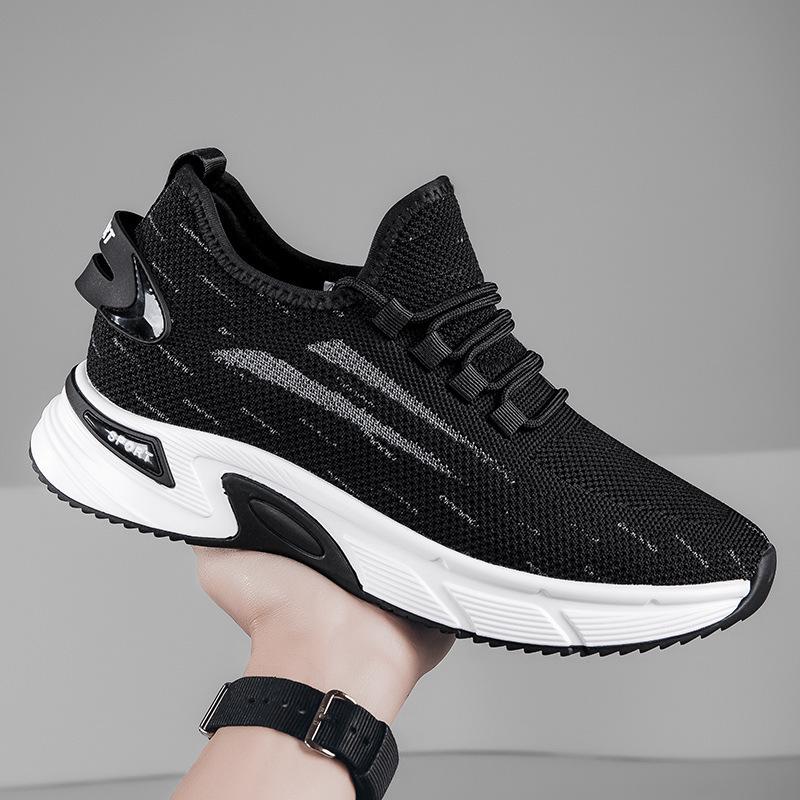 Men's 8CM Hidden Height Flyknit Running Shoes with Thick Platform Sole, Mesh Upper, White.