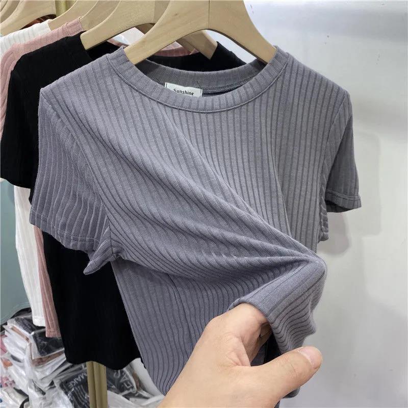 2024 Women's European Striped Round Neck Short-Sleeve Slim T-Shirt, Spring/Summer Korean-Style Trend