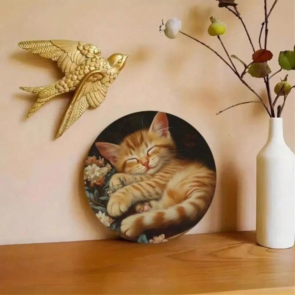 Metal Wall Art Ocean Beach Decor Cat with Flowers Home Office Wall Decor