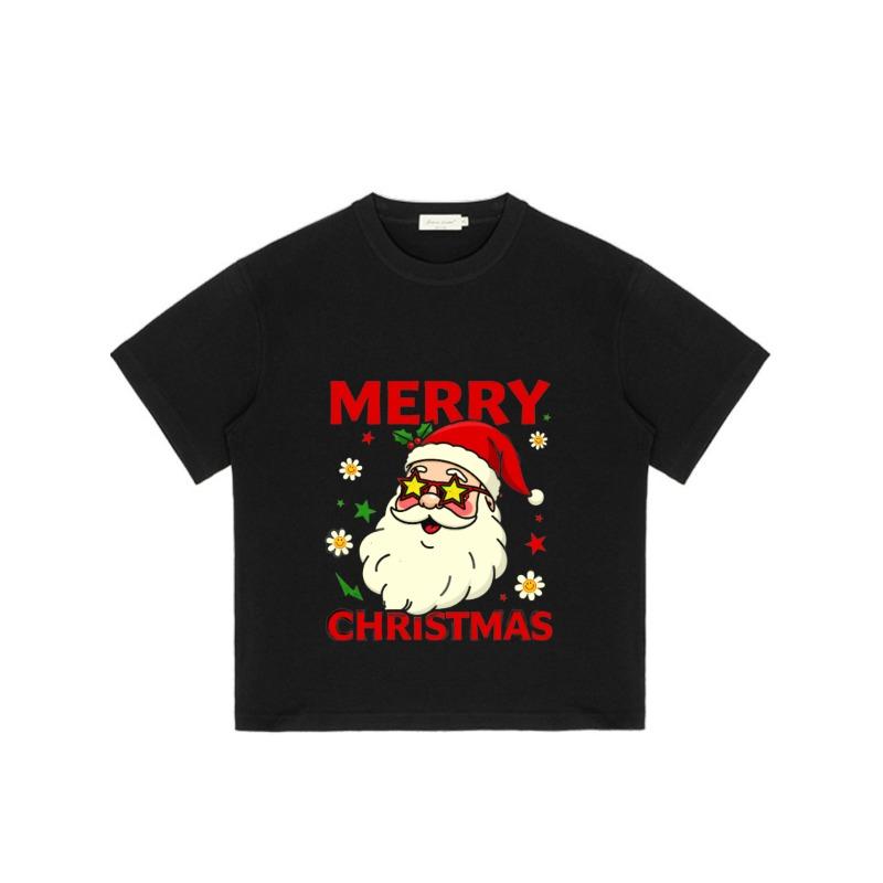 Christmas T-Shirt Black Santa Claus with Sunglasses and Stars Merry Christmas Print for Holiday Party