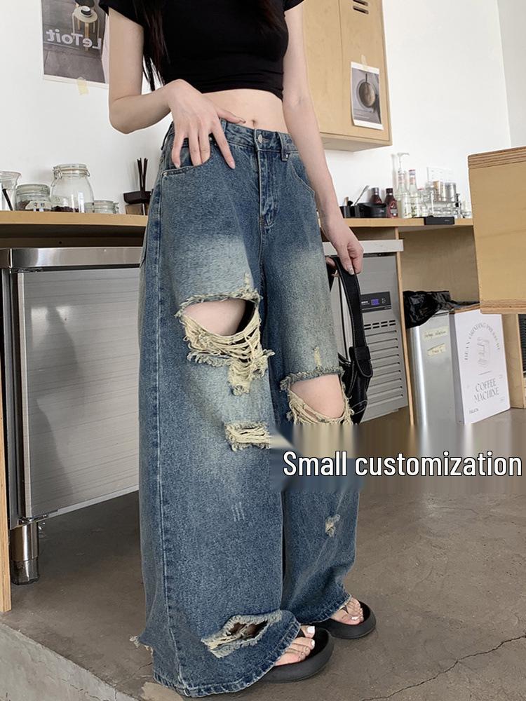 Women's High Waist Retro Wide Leg Ripped Jeans - Summer Floor-Length