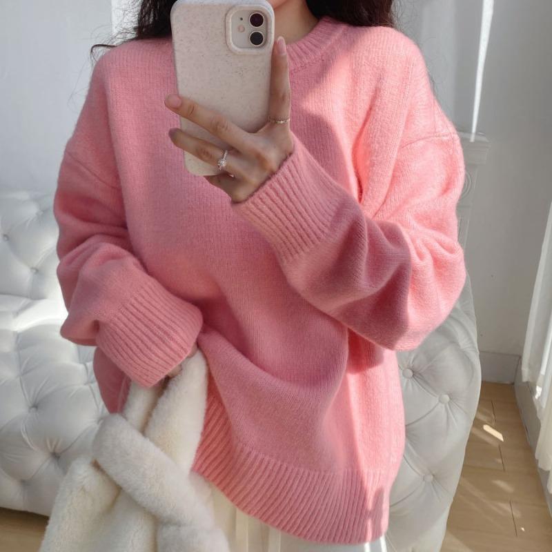 Autumn and Winter New Loose and Lazy Style Round Neck Pullover Sweater with Women's Solid Color Casual Simple Knitted Sweater Thick