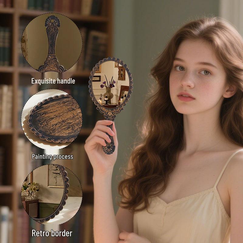 Portable Retro Makeup Mirror for Women - High-End Handheld Design, Ideal for Home or Travel