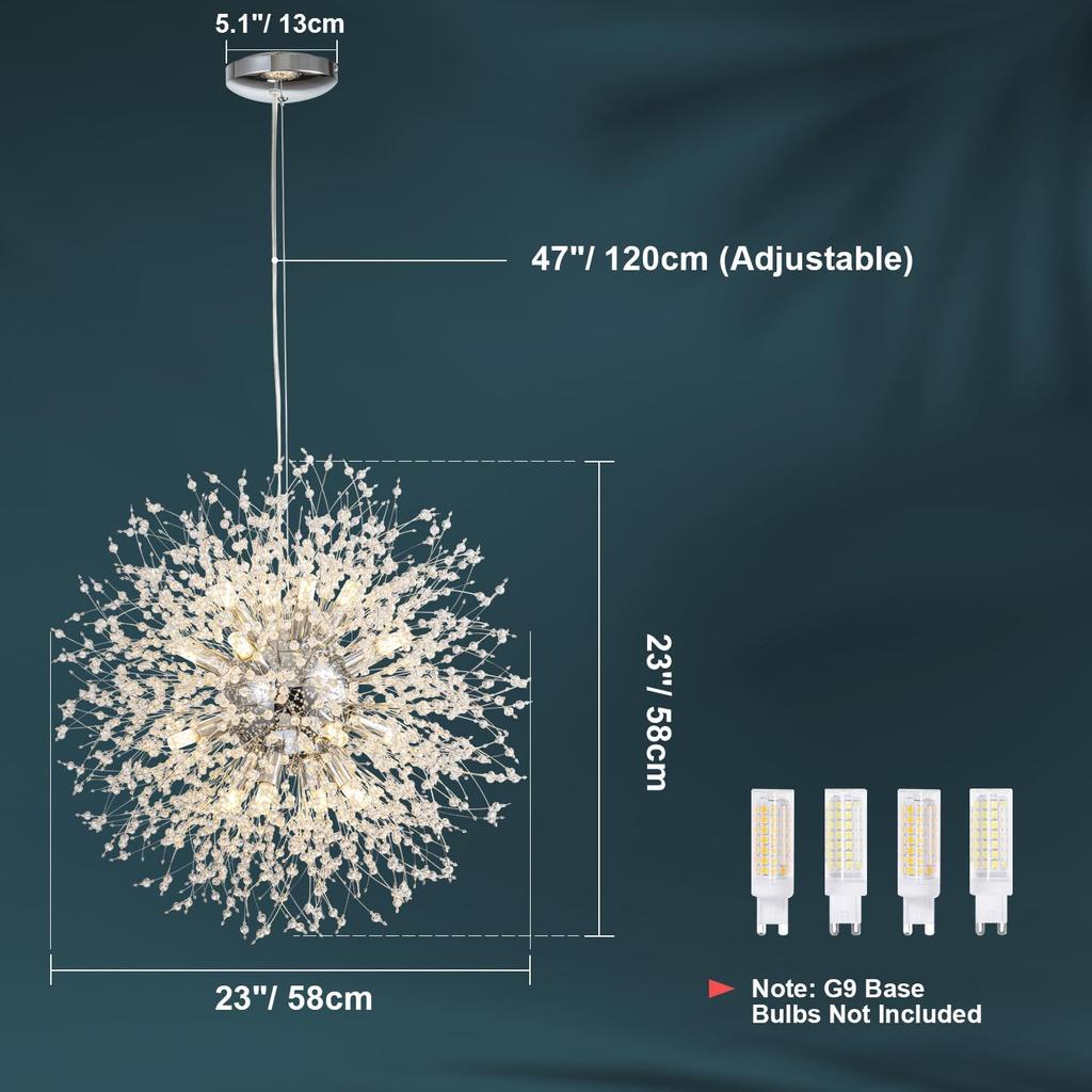 Modern Crystal Chandeliers Firework, Non-dimmable, 16-Light Chrome Dandelion Sputnik Ceiling Light Fixtures, for Bedroom Living Room