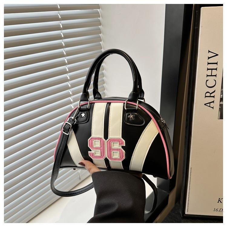 Retro Sportieve Gestreepte Koepel Tote Tas voor Dames Tophandvat Bowlingtas met Afneembare Crossbody Riem gray