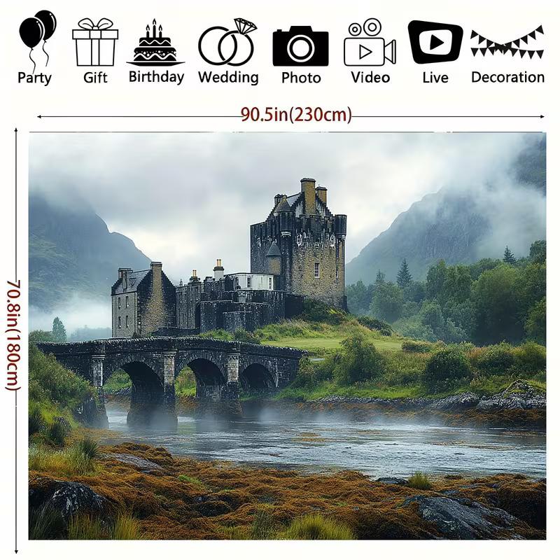 2D Eilean Donan Castle Tapestry, Misty Scottish Highlands Background