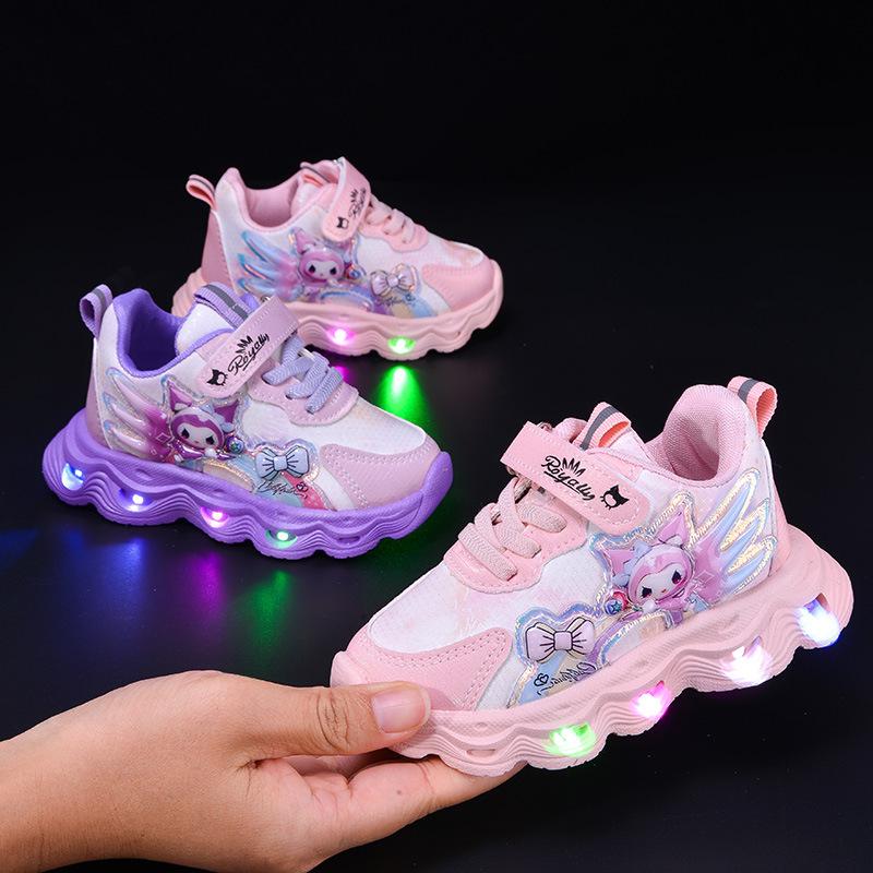 Kids' Kuromi Light-Up Cartoon Sneakers Leather Surface Small/Medium Sizes for Spring/Autumn