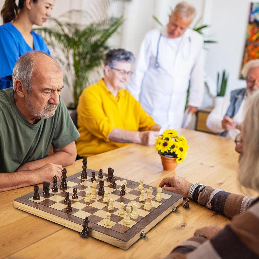 15' Magnetic Wooden Chess & Checkers Set with 2 Extra Queens, 24 Pieces, Storage Slots – 2-in-1 Game for Kids & Adults