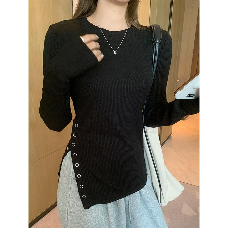 Hot Girl White Round Neck Long Sleeve Inner Wear Women's Autumn and Winter Hem Button Slit Bottoming Shirt Slim Slimming and Beautiful Top