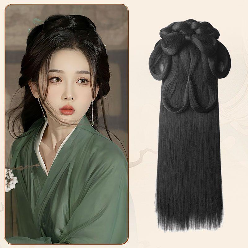 Wei Jin Headdress & Hanfu Costume Wig Set: Includes Warring States Robe, Hair Bun, Ma Mian Skirt, and Hair Accessories.