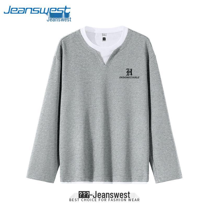Jeanswest Men's Retro Waffle Knit Fake Two-Piece Long-Sleeve T-Shirt